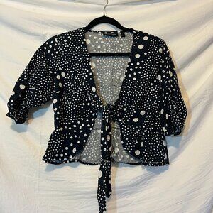Dark Navy Blue Polka Dot Front Tie Top, Size Small